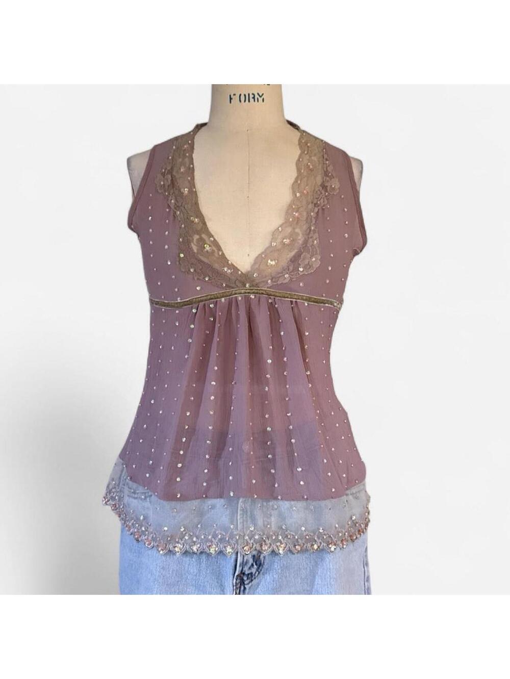 Y2K Mauve Beaded Babydoll Fairy Top in Pink